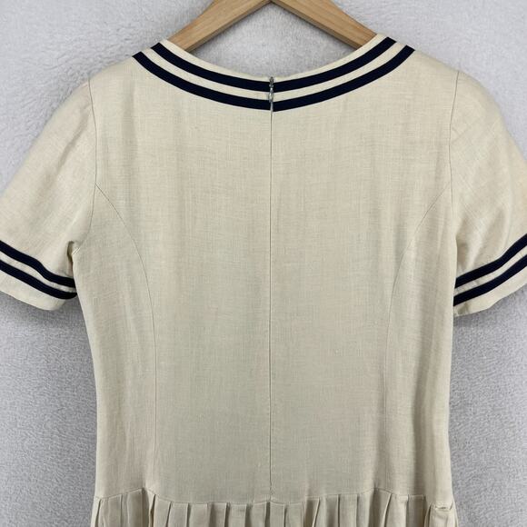BROOKS BROTHERS Dress 4 Sailor Fit & Flare Pleated Linen Canvas Off White VTG - Picture 4 of 16